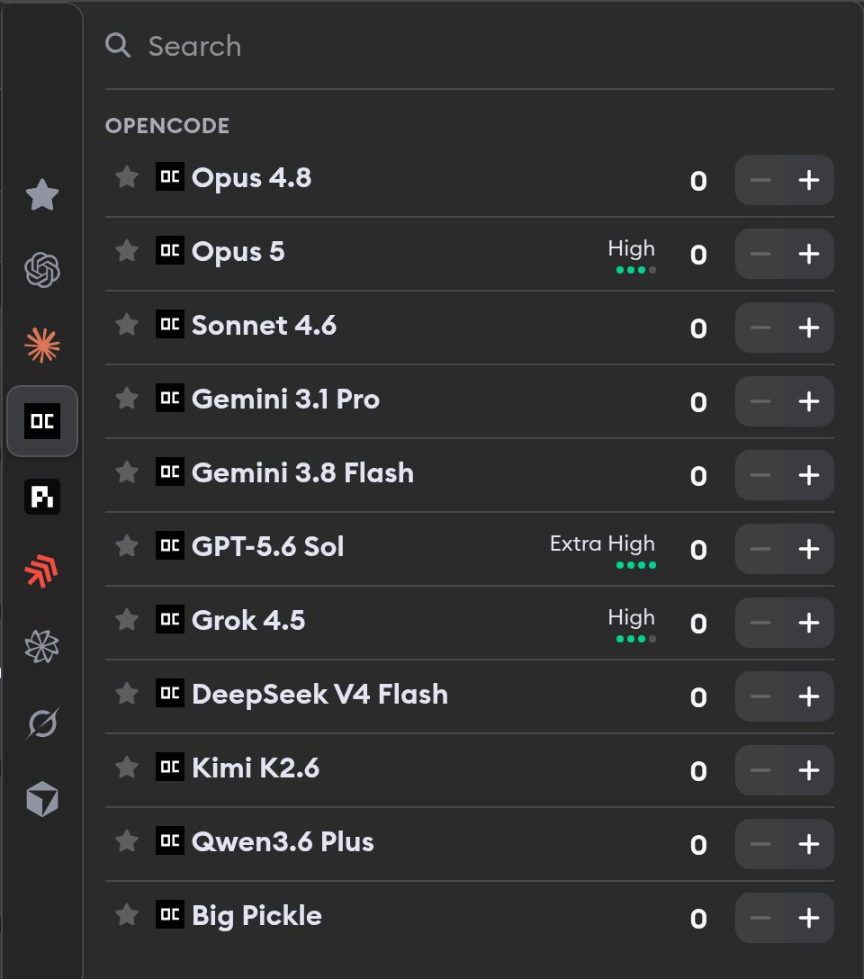 OpenCode model selector listing Opus 4.8, Opus 5, Sonnet 4.6, Gemini 3.1 Pro, Gemini 3.8 Flash, GPT-5.6 Sol, Grok 4.5, DeepSeek V4 Flash, Kimi K2.6, Qwen3.6 Plus, and Big Pickle