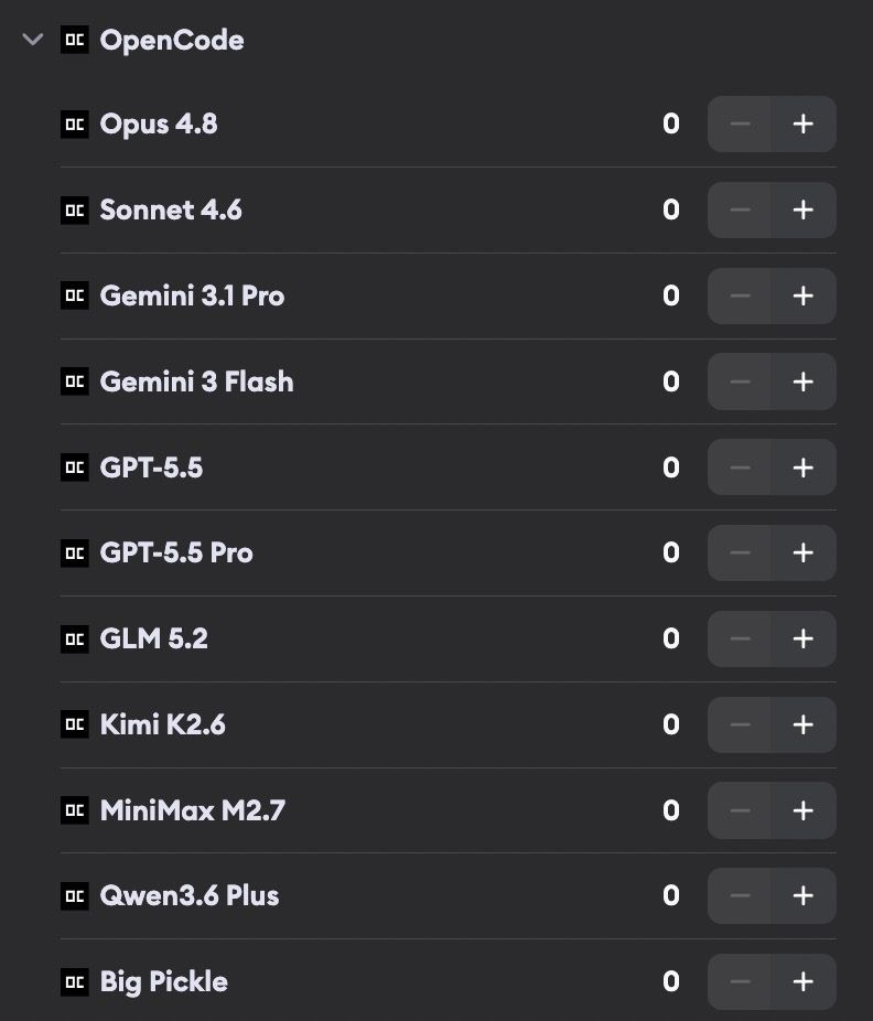 OpenCode model selector listing Opus 4.8, Sonnet 4.6, Gemini 3.1 Pro, Gemini 3 Flash, GPT-5.5, GPT-5.5 Pro, GLM 5.2, Kimi K2.6, MiniMax M2.7, Qwen3.6 Plus, and Big Pickle