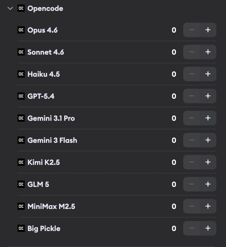 OpenCode model selection showing models from multiple providers including Anthropic, OpenAI, Google, and others