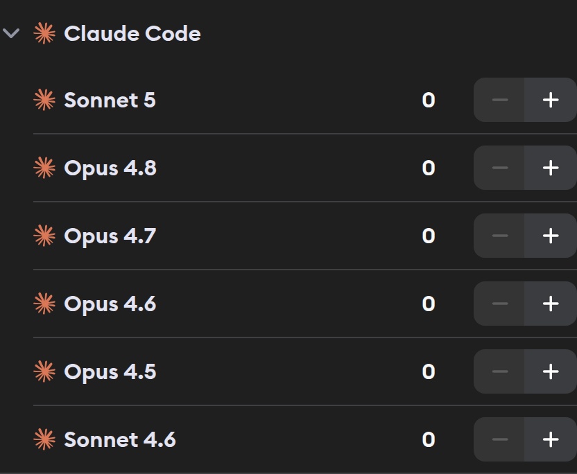 Claude Code model selection showing Sonnet 5, Opus 4.8, Opus 4.7, Opus 4.6, Opus 4.5, and Sonnet 4.6