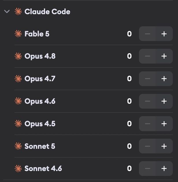 Claude Code model selection showing Fable 5, Opus 4.8, Opus 4.7, Opus 4.6, Opus 4.5, Sonnet 5, and Sonnet 4.6