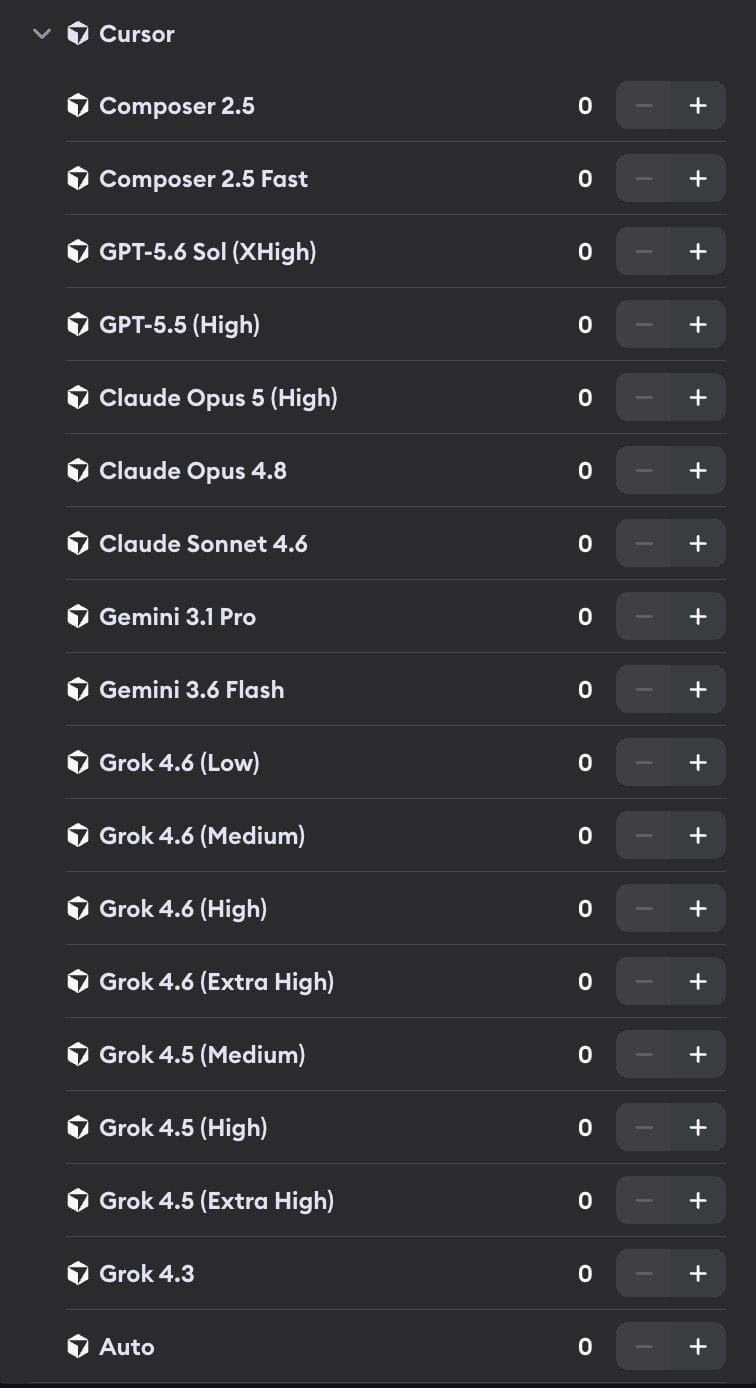 Cursor model selection showing Composer 2.5, Composer 2.5 Fast, GPT-5.6 Sol (XHigh), GPT-5.5 (High), Claude Opus 5, Claude Opus 4.8, Claude Sonnet 4.6, Gemini 3.1 Pro, Gemini 3.6 Flash, Grok 4.6, Grok 4.5, Grok 4.3, and Auto profiles
