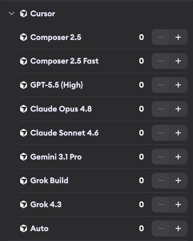 Cursor model selection showing Composer 2.5, GPT-5.5, Claude, Gemini, Grok Build, Grok 4.3, and Auto profiles