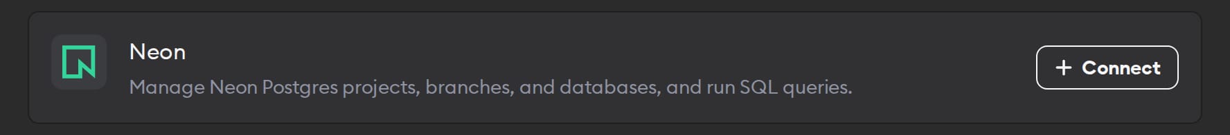 The Neon connector in Workspace Settings, for Postgres projects, branches, and SQL queries, with a Connect button