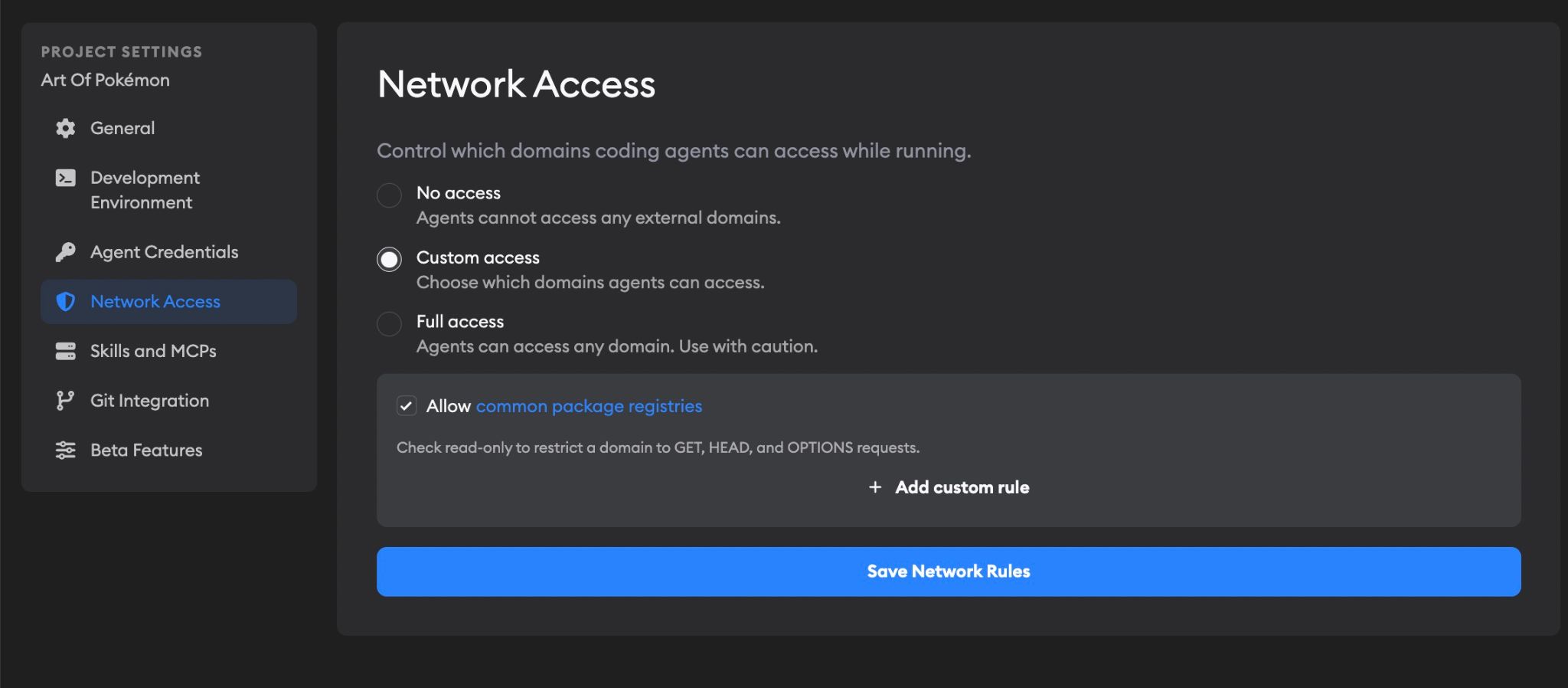 Network access settings showing three modes: no access, custom access, and full access