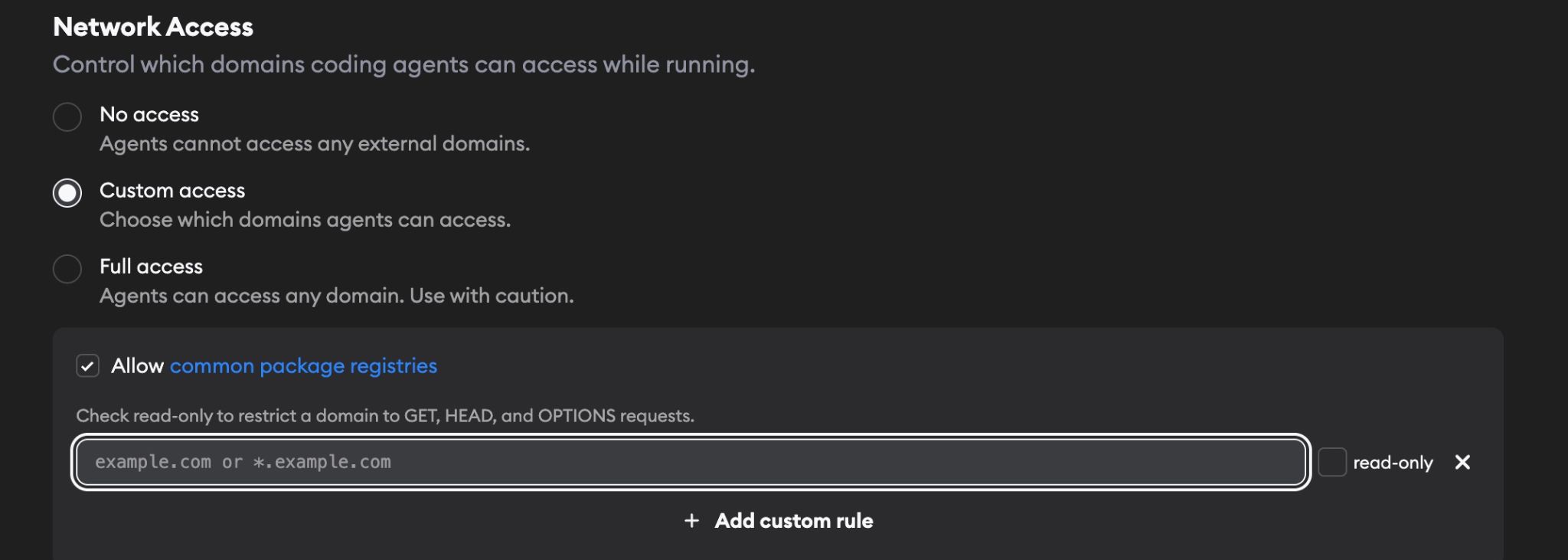 Network access settings showing three modes: no access, custom access, and full access