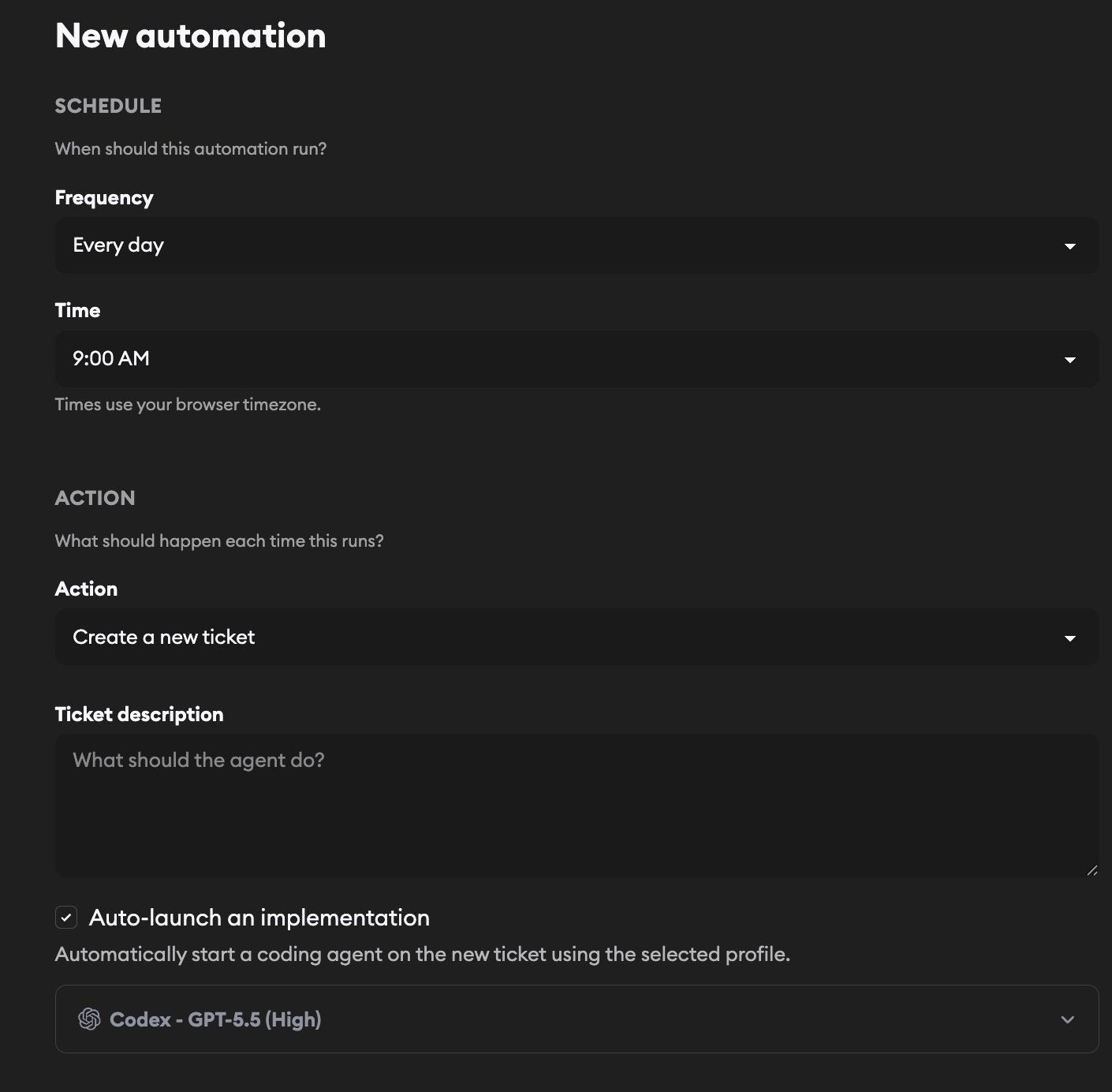 New automation form showing schedule, action type, ticket description, and auto-launch settings