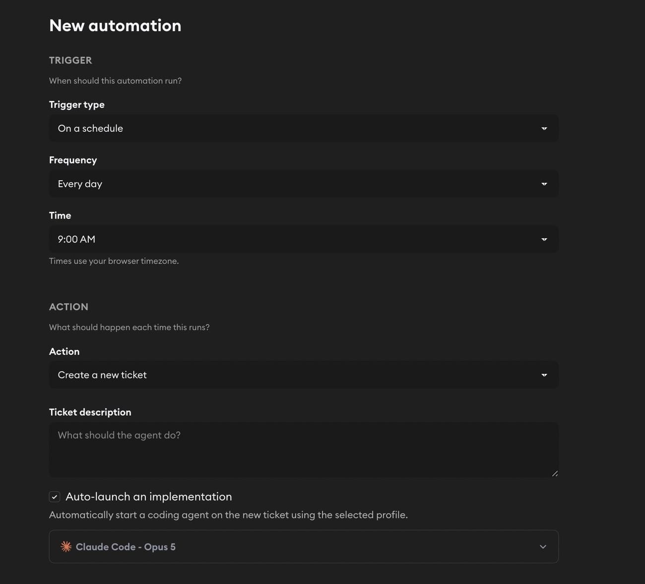 New automation form showing trigger type, schedule, action type, ticket description, and auto-launch settings