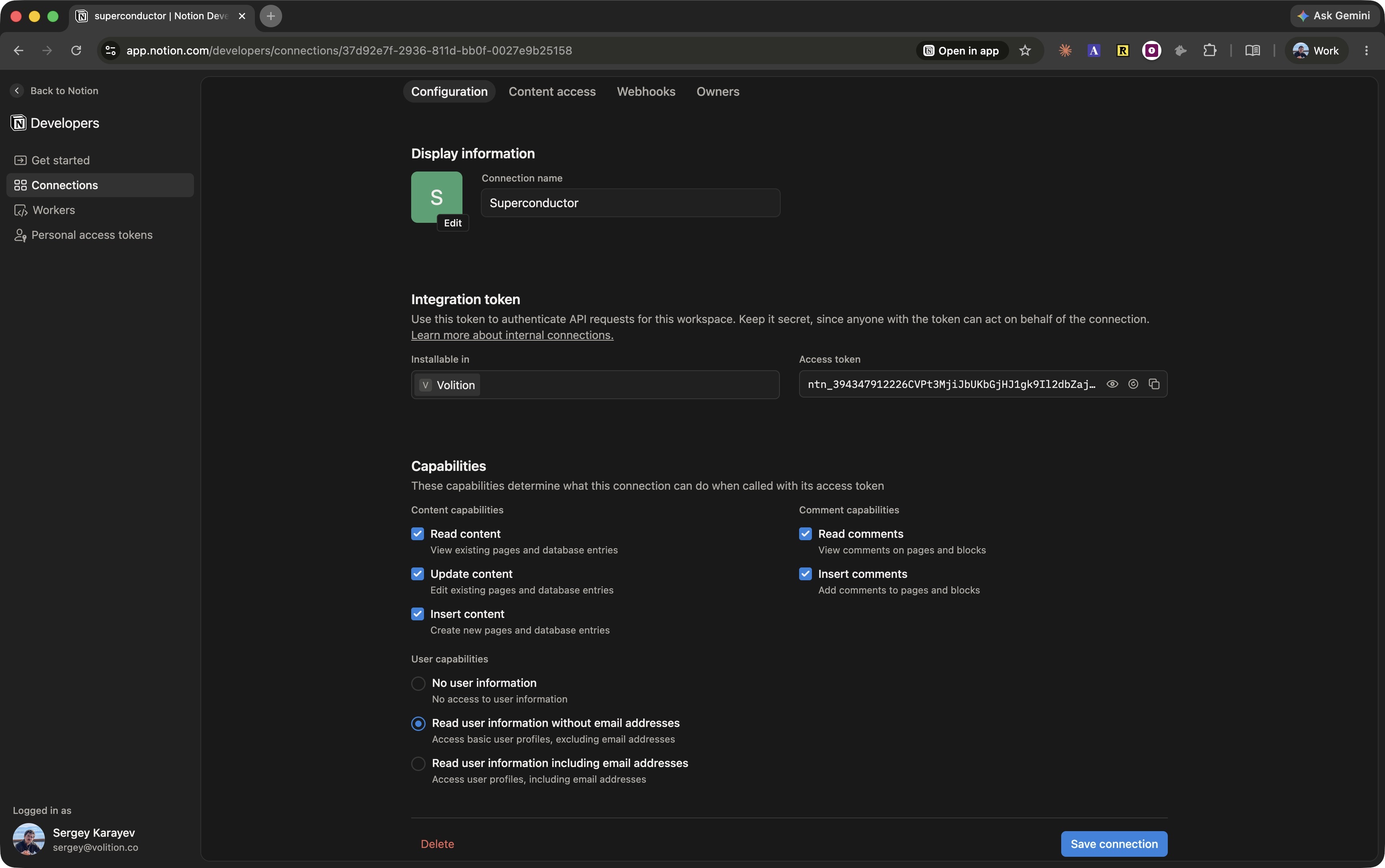 Notion connection Configuration tab showing the access token and capability checkboxes