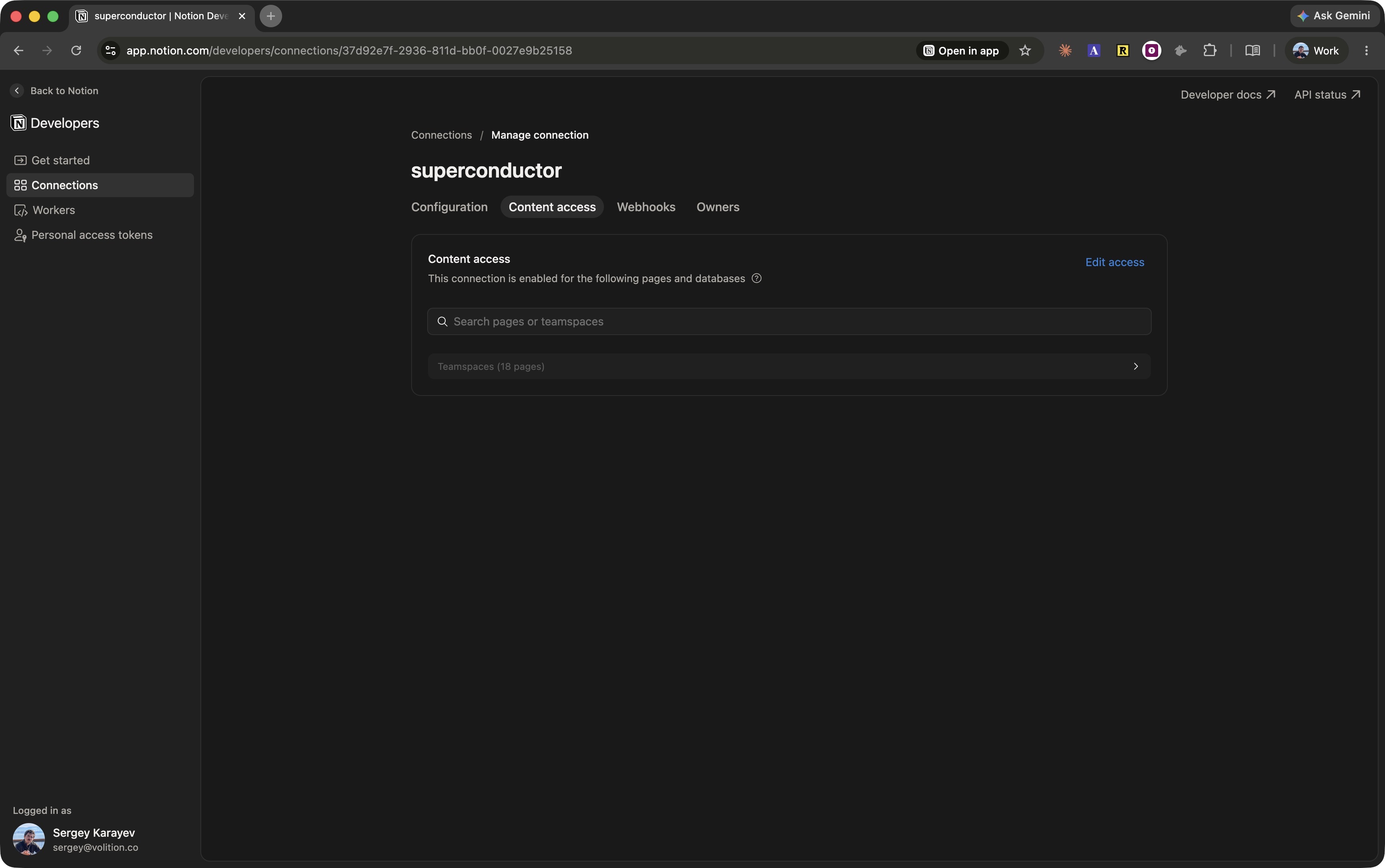 Notion connection Content access tab for selecting pages and teamspaces
