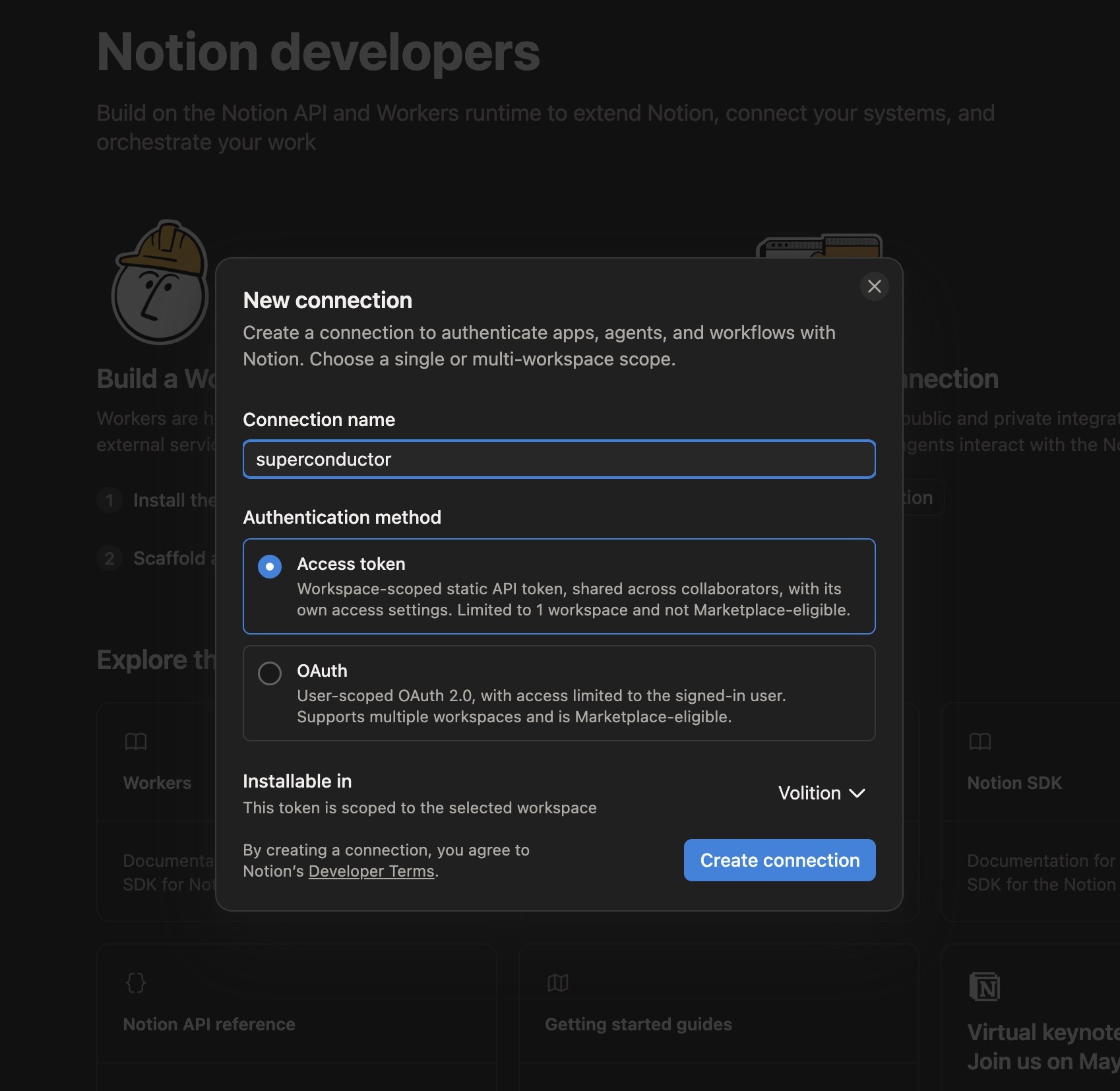 New connection dialog in Notion with the Access token authentication method selected