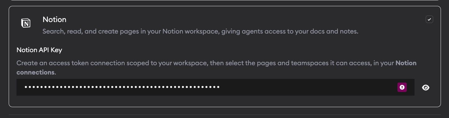 Notion skill settings card with the Notion API key field