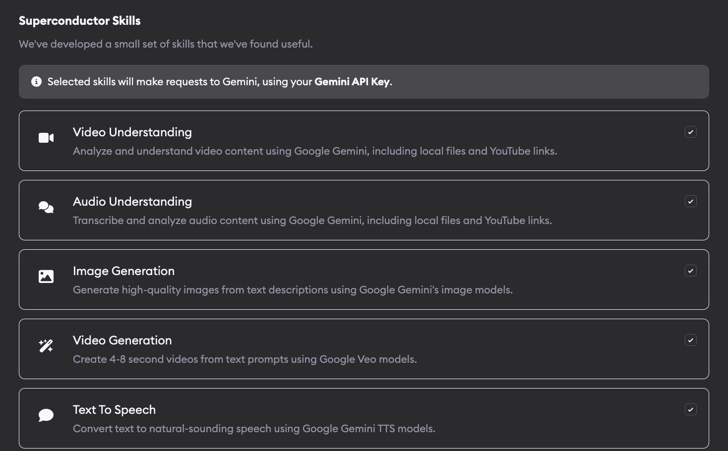 Superconductor Skills settings showing Video Understanding, Audio Understanding, Image Generation, Video Generation, and Text to Speech enabled
