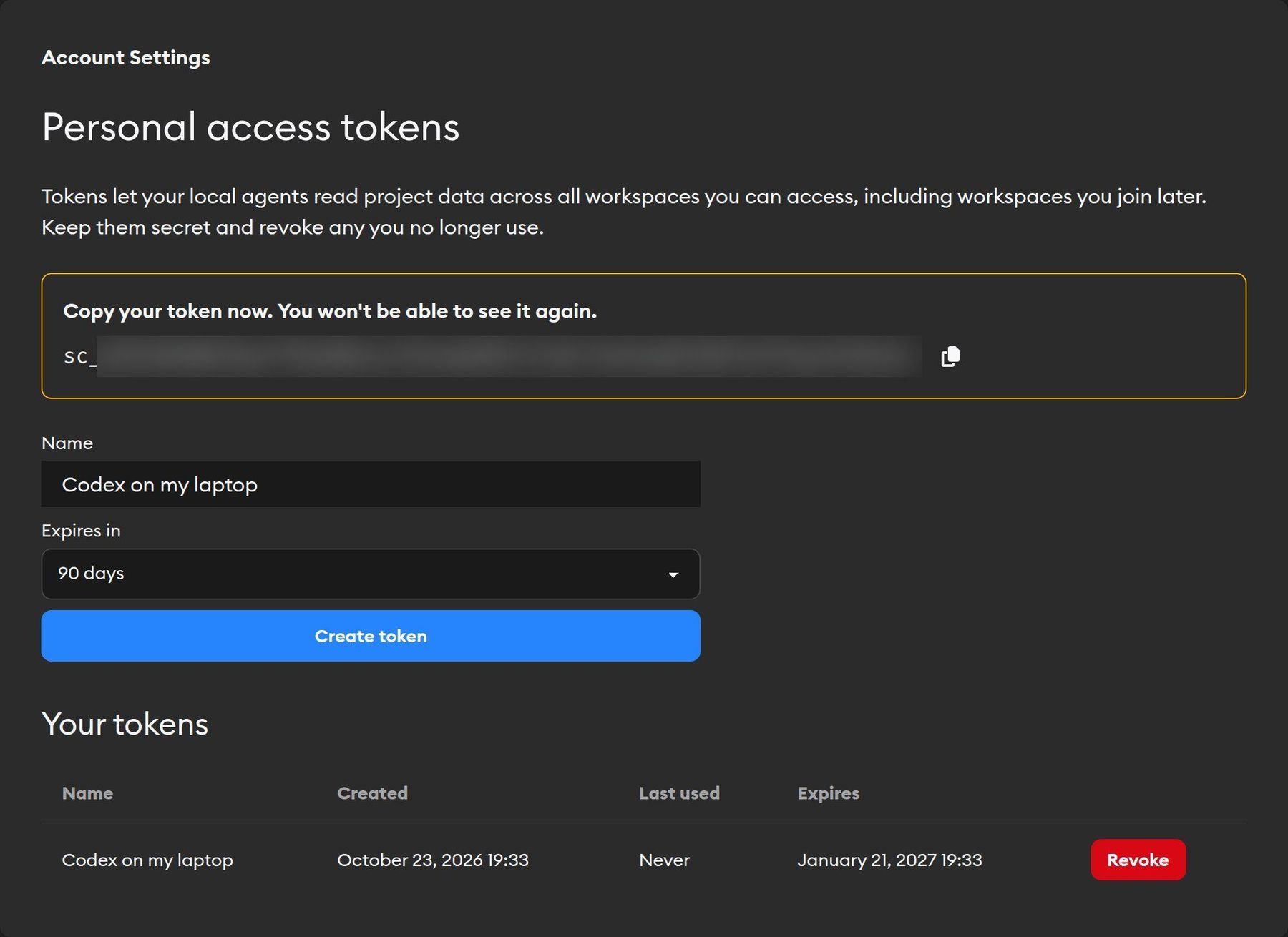 Personal access tokens page with a newly created token, the Create token form, and the Your tokens table