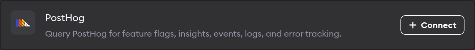 The PostHog connector in Workspace Settings, for feature flags, insights, events and logs, with a Connect button