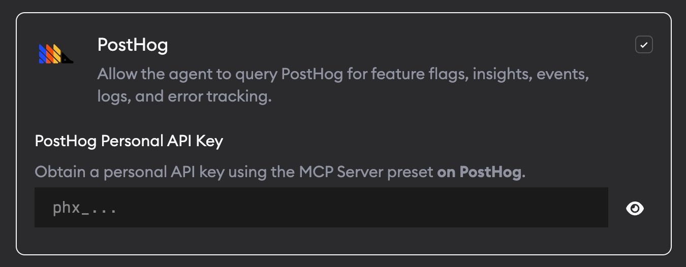 PostHog MCP settings card with the personal API key field