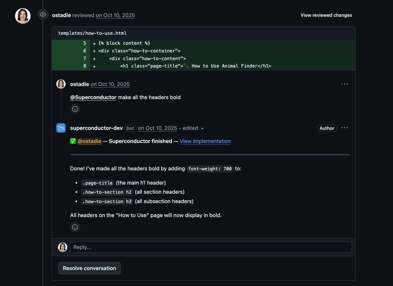 Example of Superconductor bot responding to a PR comment request to make headers bold