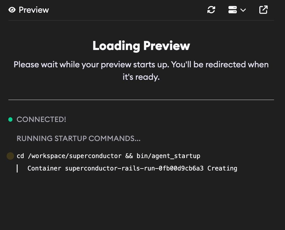 Preview loading screen showing connection status and startup command progress