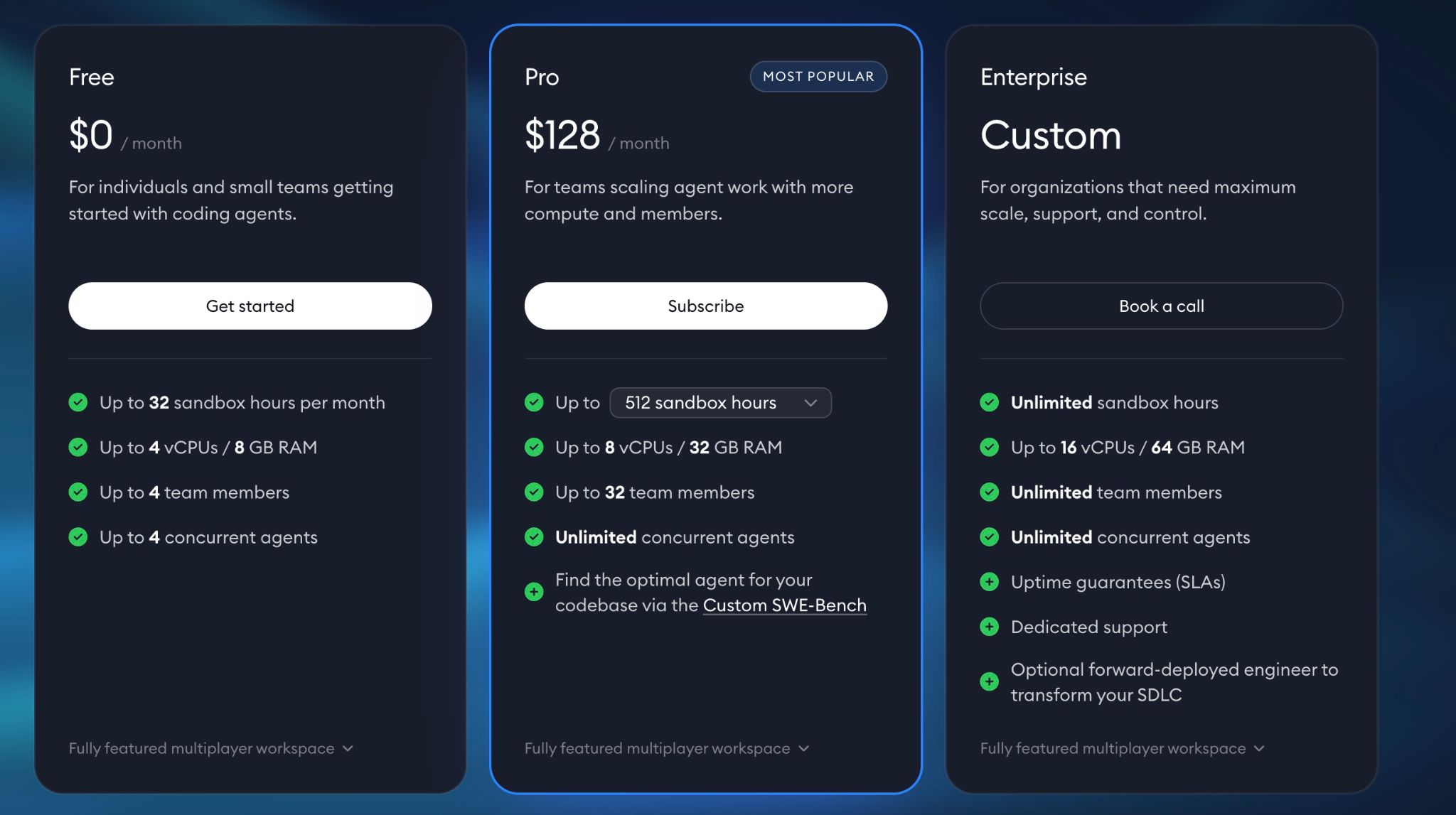 Superconductor pricing plans showing Free, Pro, and Enterprise options