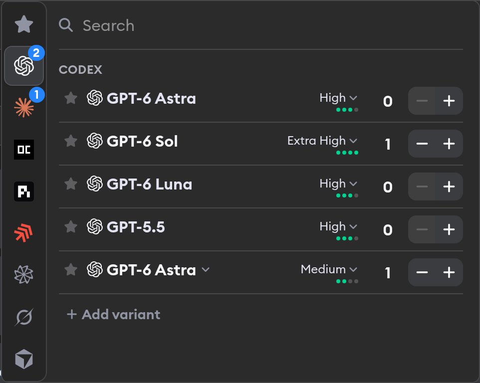 Codex panel of the profile selector with an added variant row showing a model dropdown set to GPT-6 Astra at Medium effort