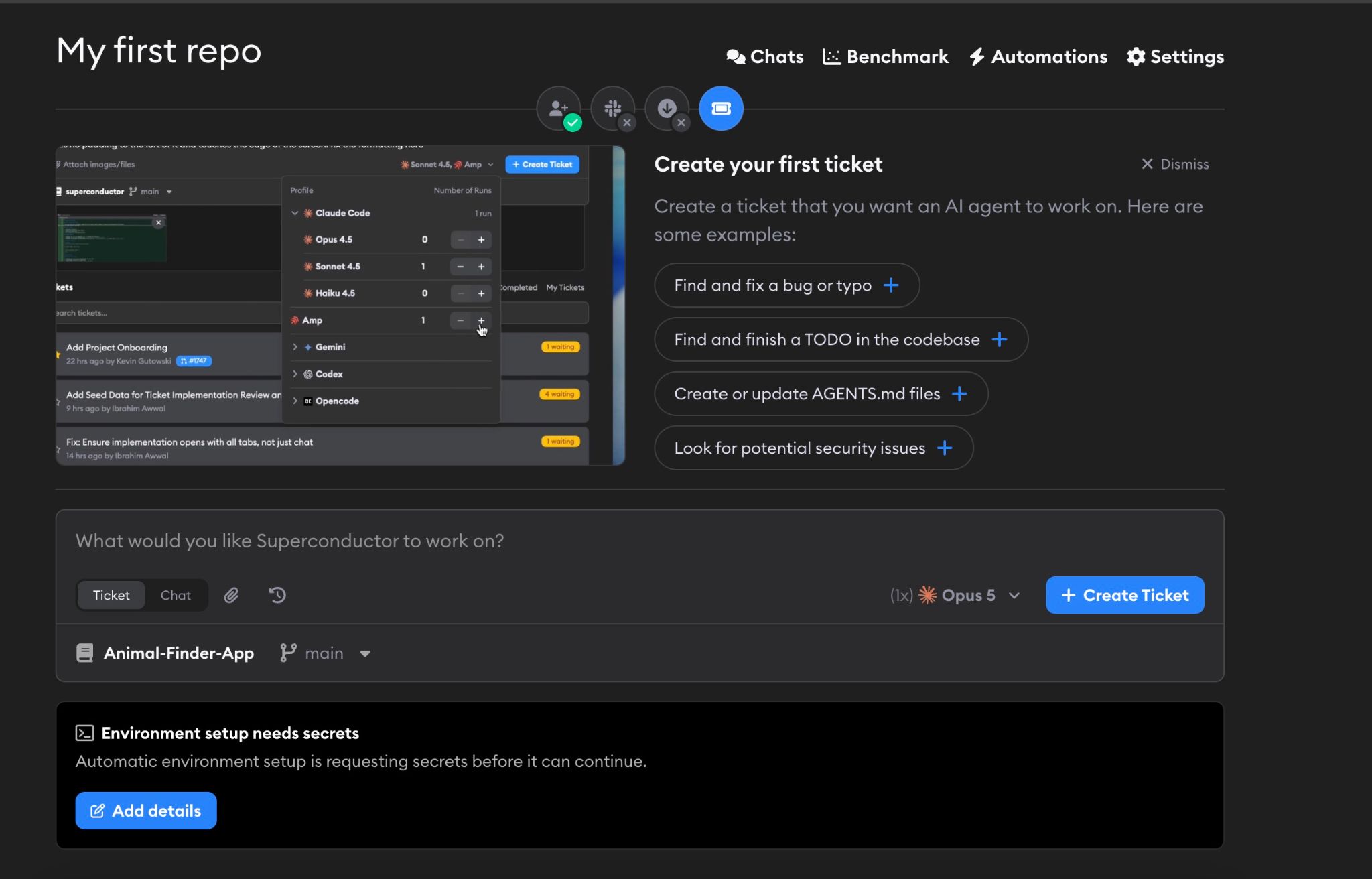 Project dashboard showing the first-ticket panel and an environment setup banner requesting secrets
