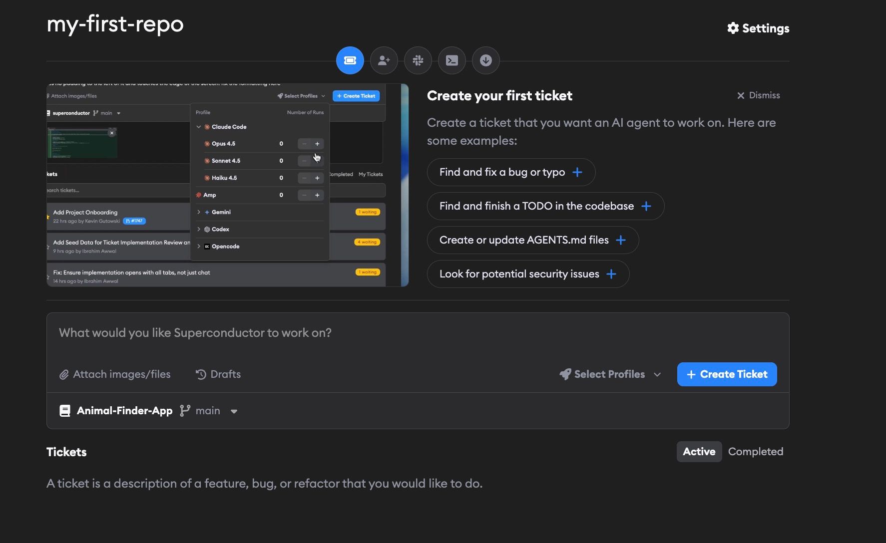 Project onboarding modal showing the first-ticket step with sample ticket ideas
