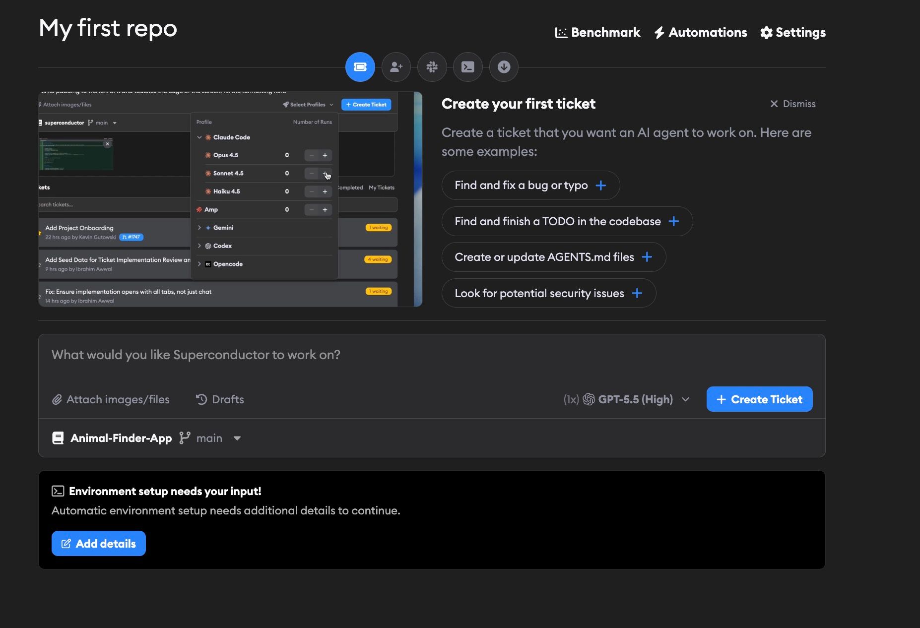 Project dashboard showing the first-ticket panel and an environment setup card requesting more details