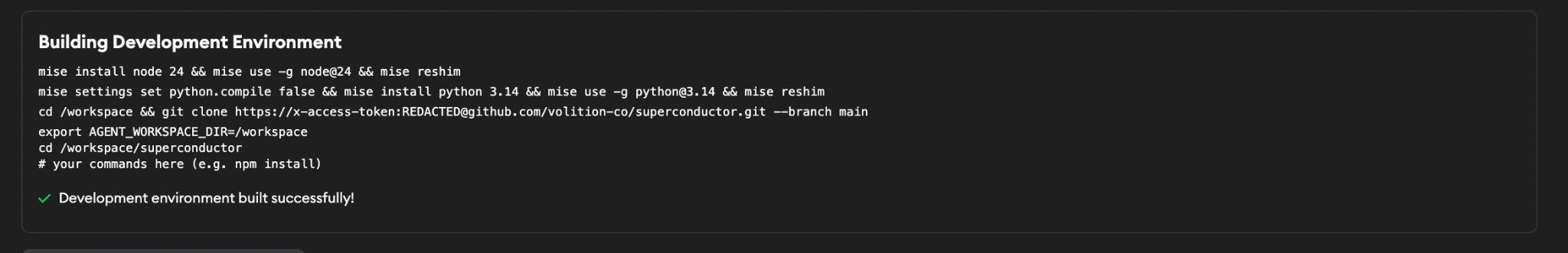 Dev Environment Edit page showing the development environment built successfully message