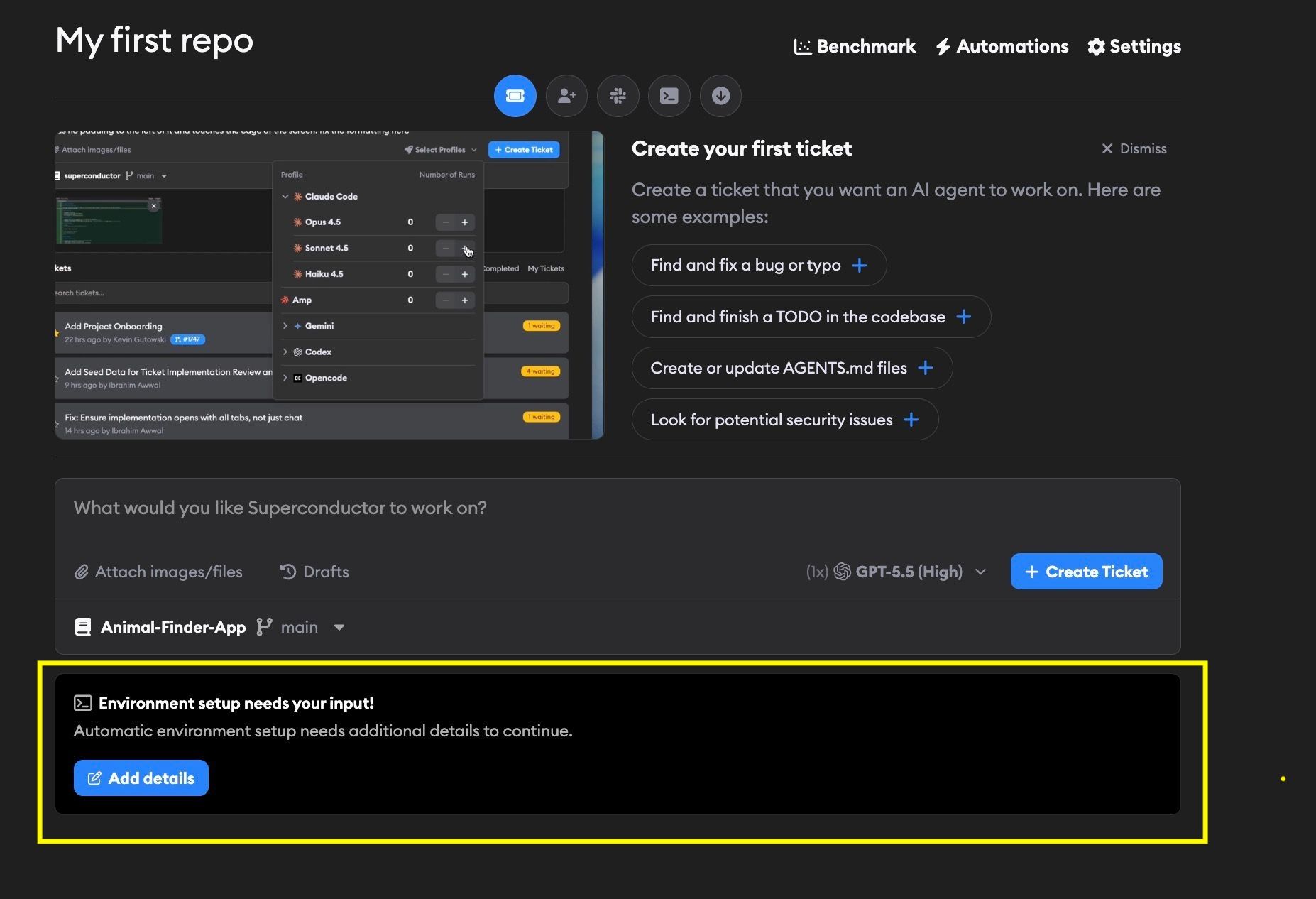 Project dashboard showing the environment setup banner below the ticket input with an Add details button