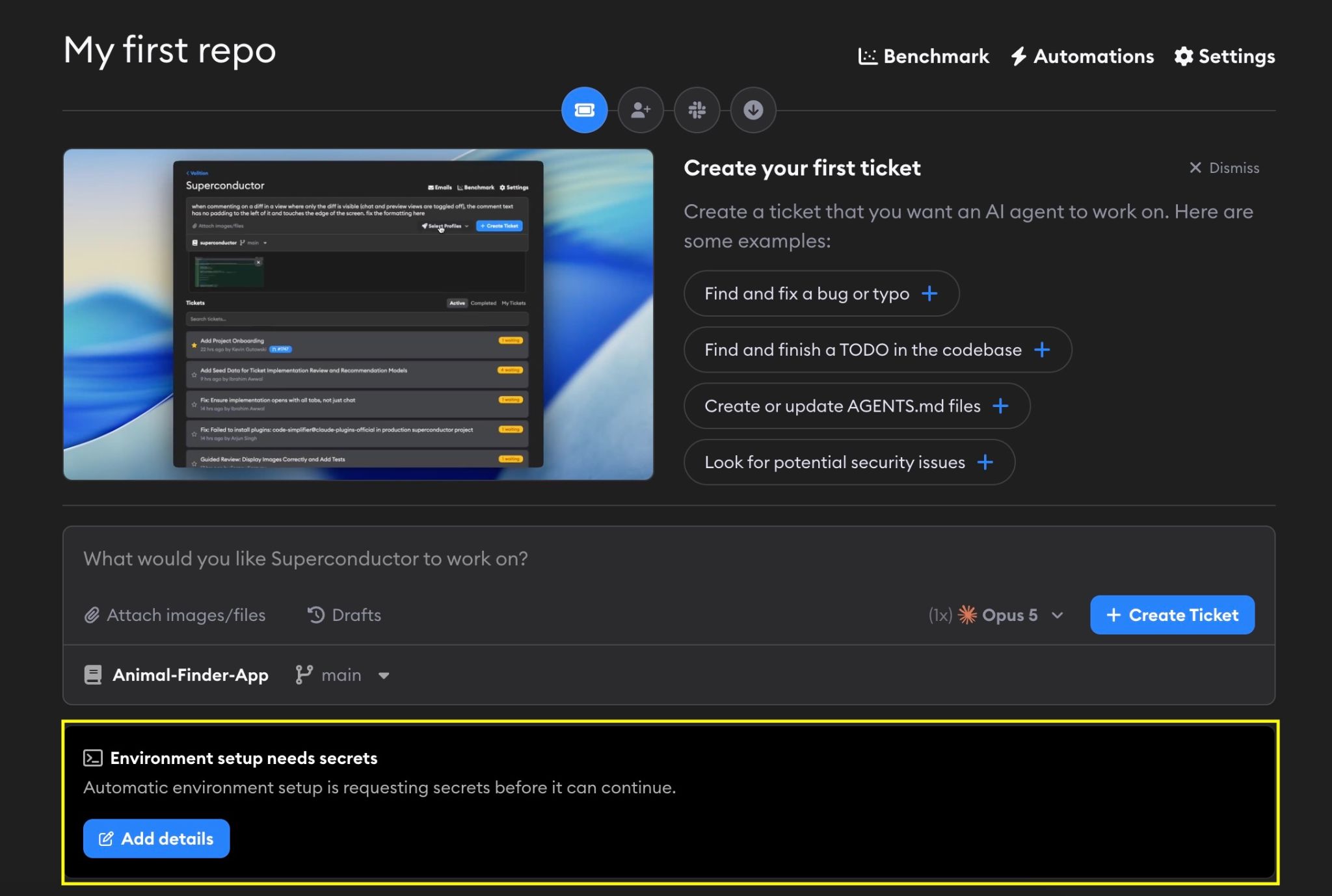 Project dashboard showing the environment setup banner below the ticket input with an Add details button