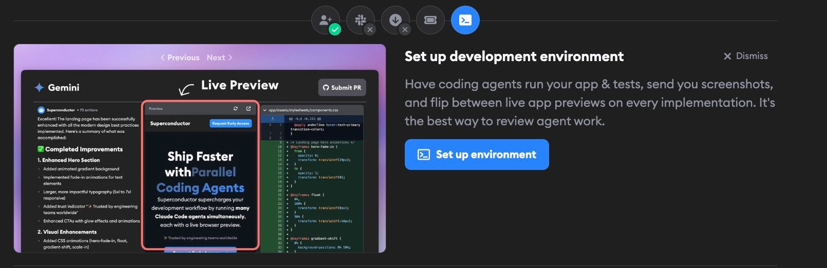 Project dashboard showing the "Set up environment" onboarding step with a button to open the assisted setup page