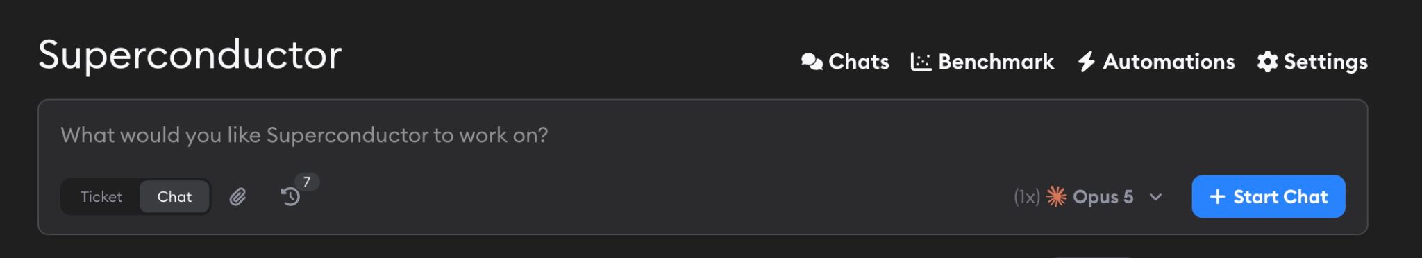 Project page with the Chats, Benchmark, Automations, and Settings links, and the composer switched to Chat mode with a Start Chat button