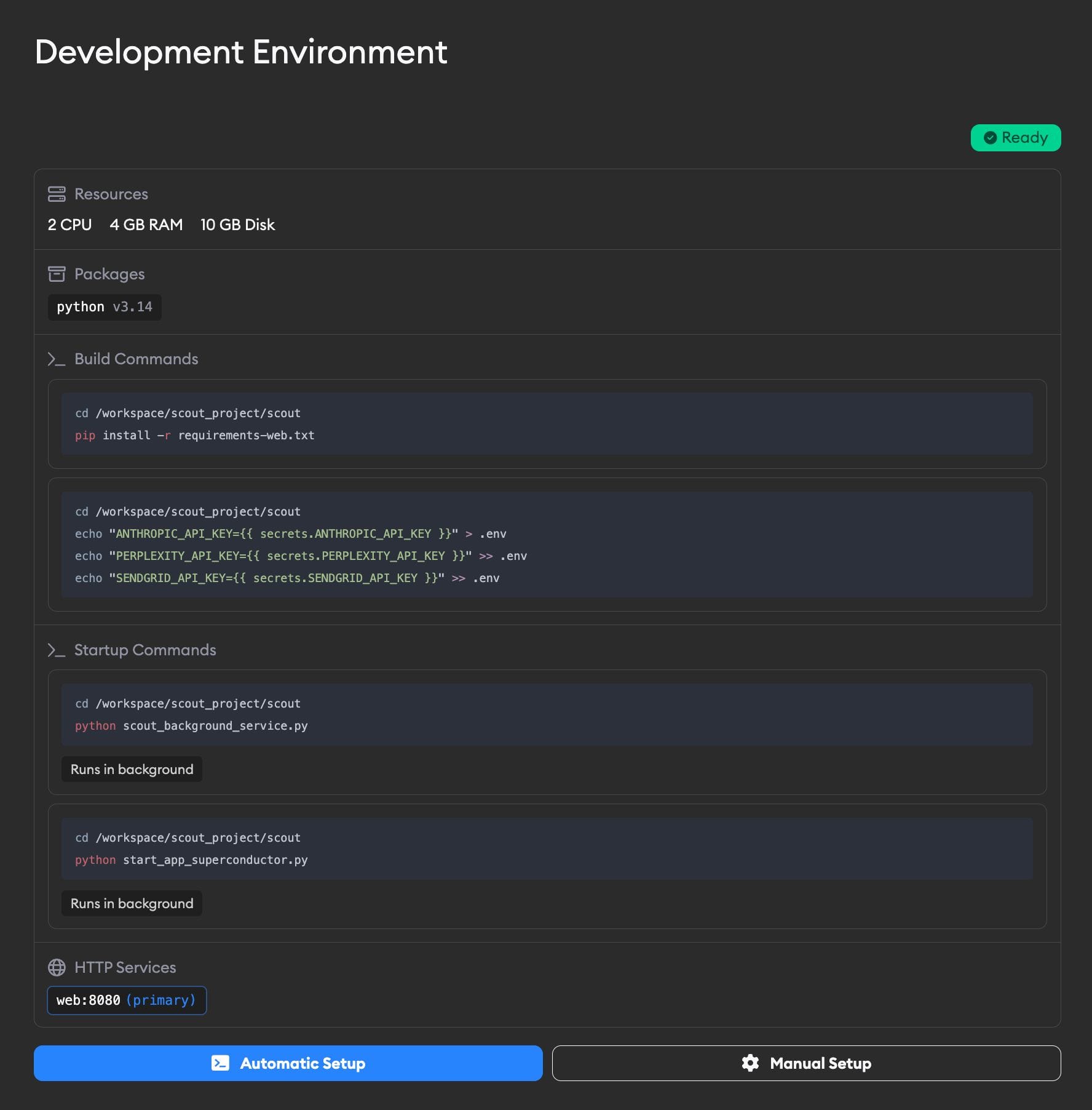 Project Settings showing a configured development environment with Automatic Setup and Manual Setup buttons