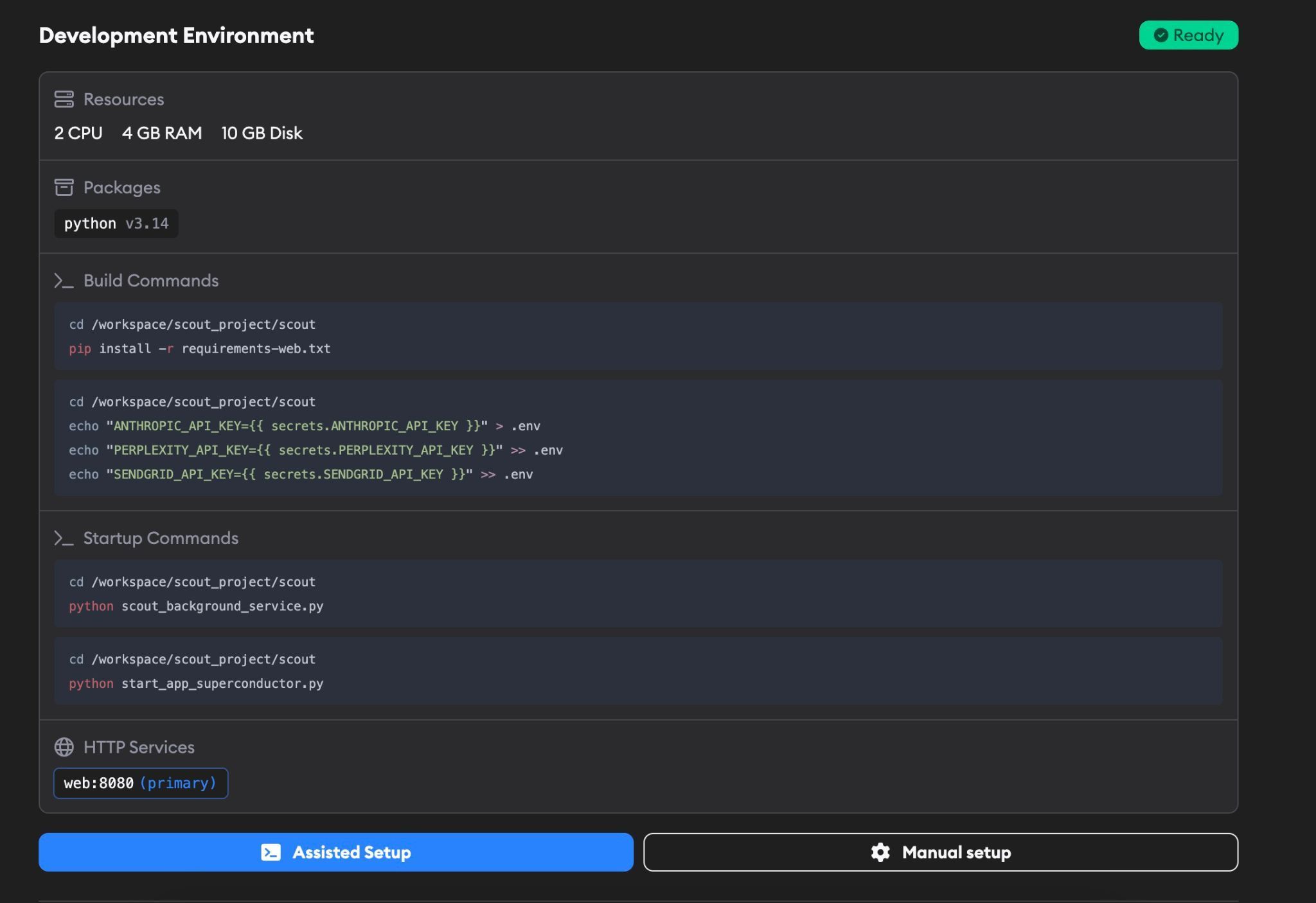 Project Settings showing a configured development environment with Assisted Setup and Manual Setup buttons