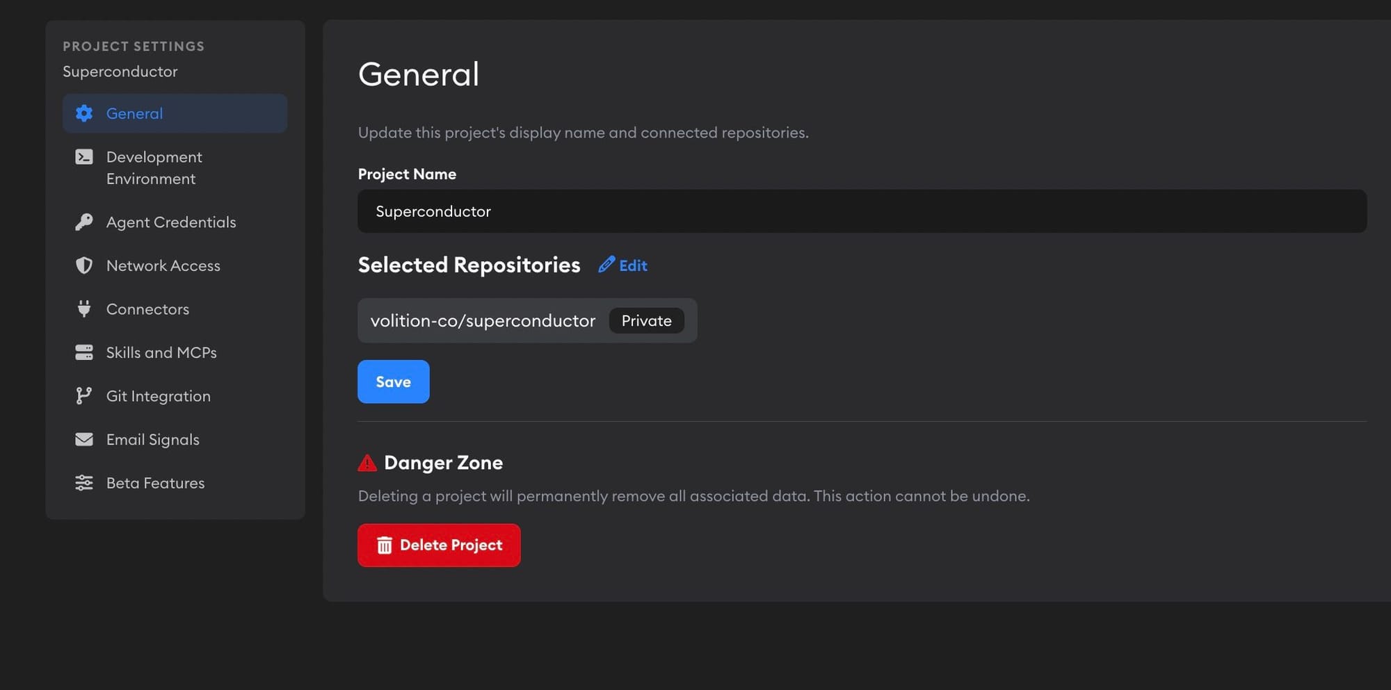 Project Settings showing General settings and sidebar links, including Connectors and Skills and MCPs