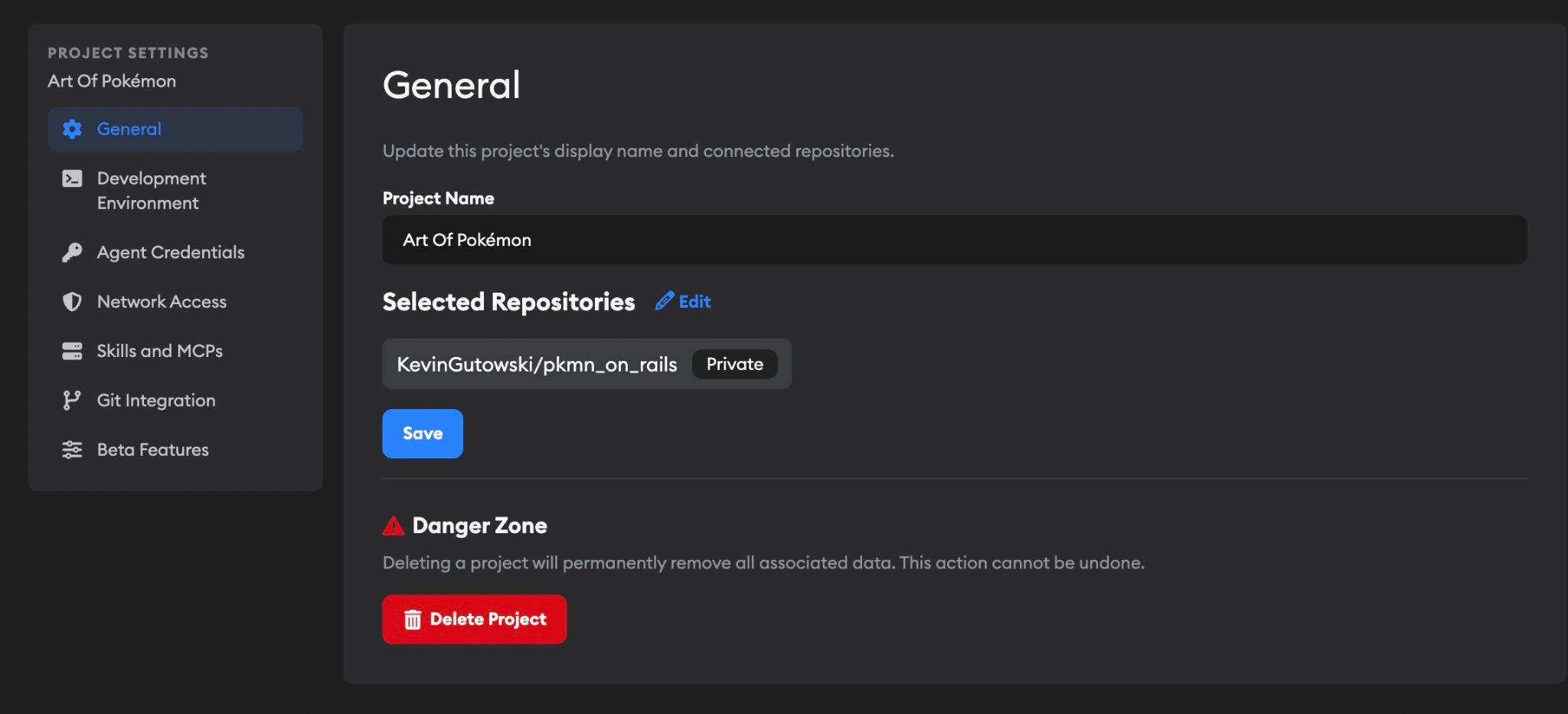 Project settings page showing General, Development Environment, Agent Credentials, Network Access, Skills and MCPs, Git Integration, and Beta Features sections