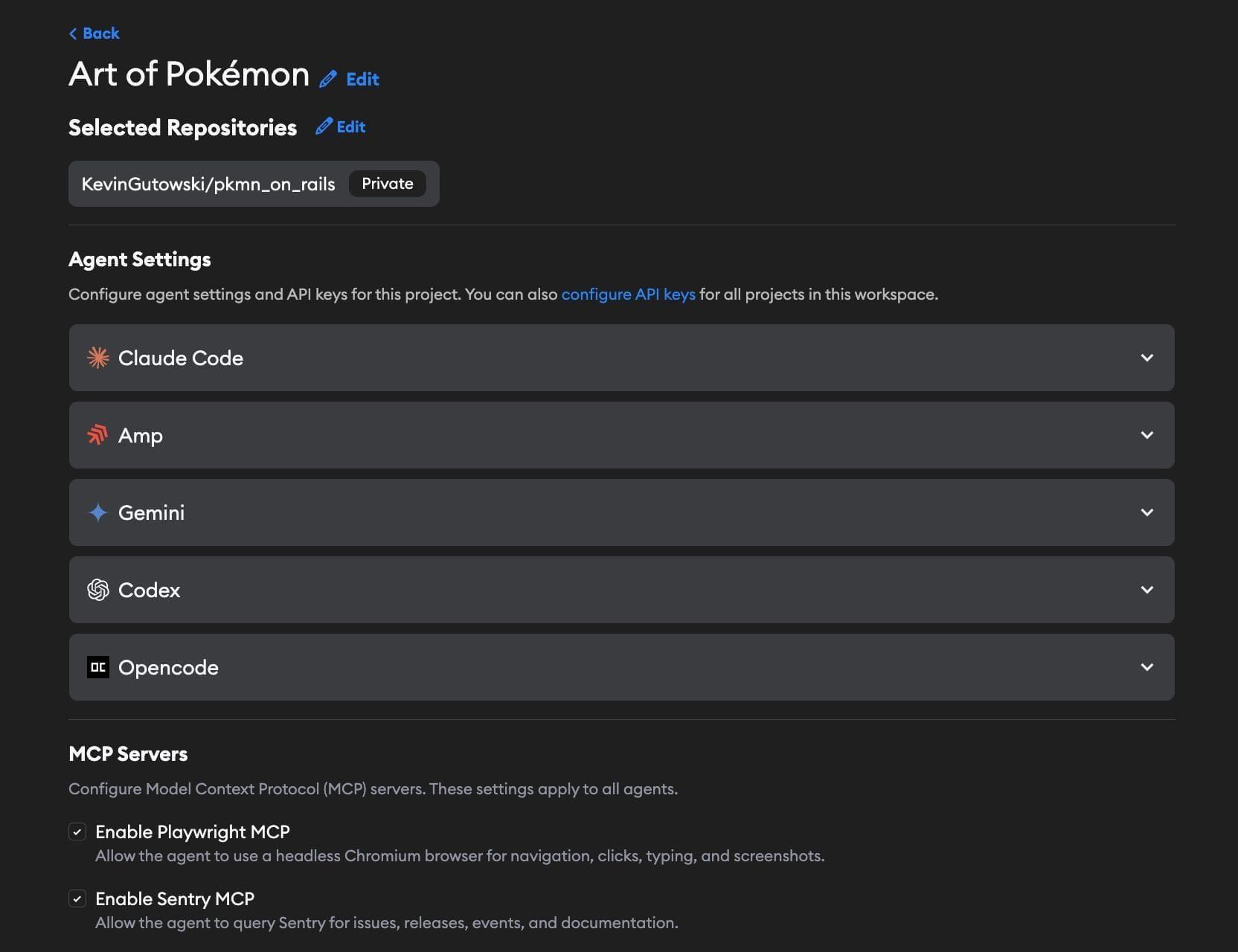 Project settings page showing repositories, agent settings, and MCP servers