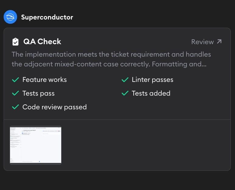 Completed QA Check card in an implementation chat showing a summary, result metrics including a passing code review, and a screenshot
