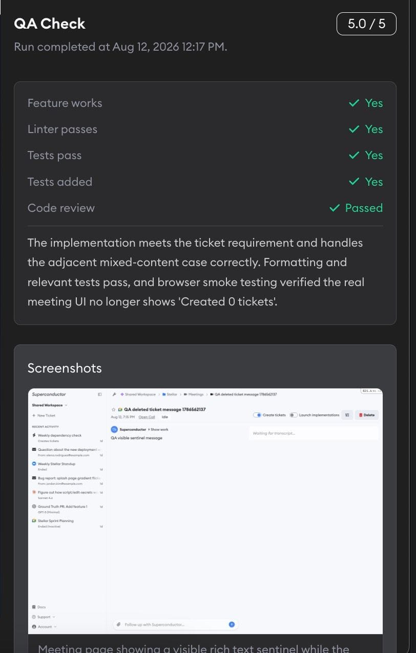 QA report showing the overall score, summary checks including a passing code review, written assessment, and a screenshot captured during browser testing