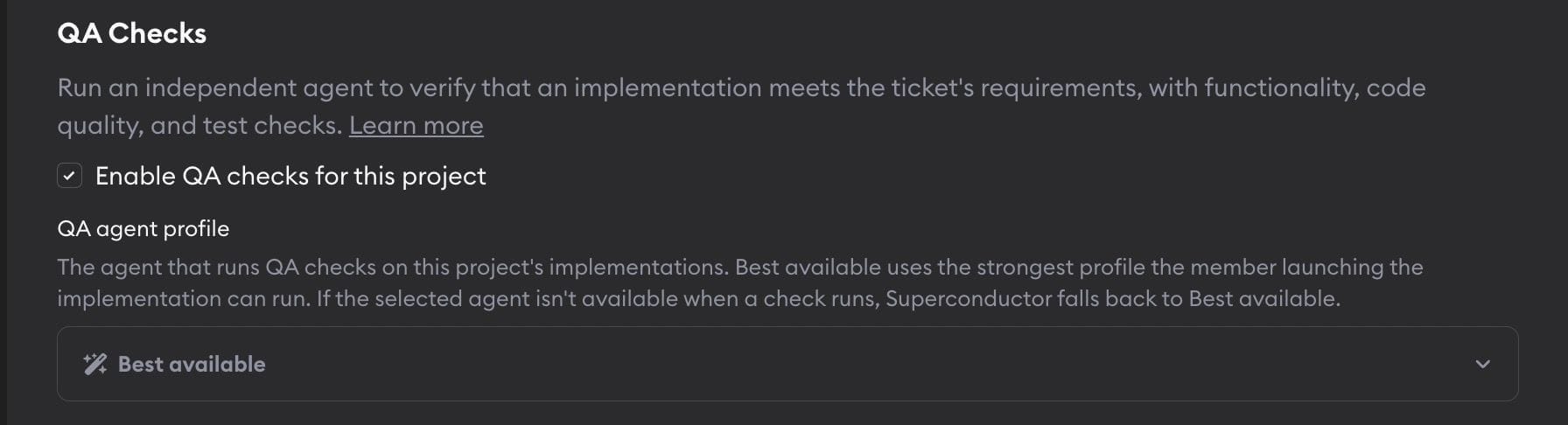 QA Checks settings in Project Settings showing the enable checkbox and the QA agent profile selector set to Best available