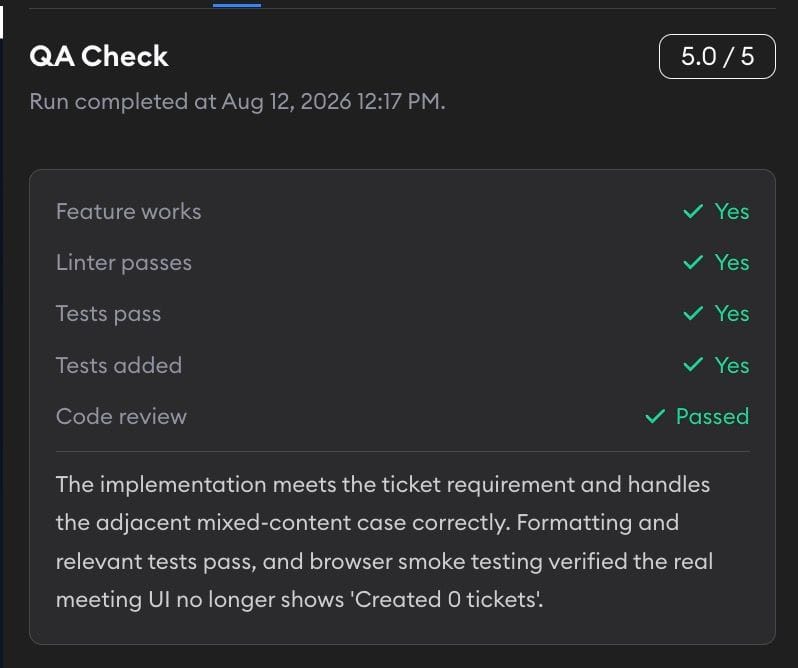 QA Checks showing a completed QA check with a 5.0 out of 5 score and passing feature, linter, test, and code review checks