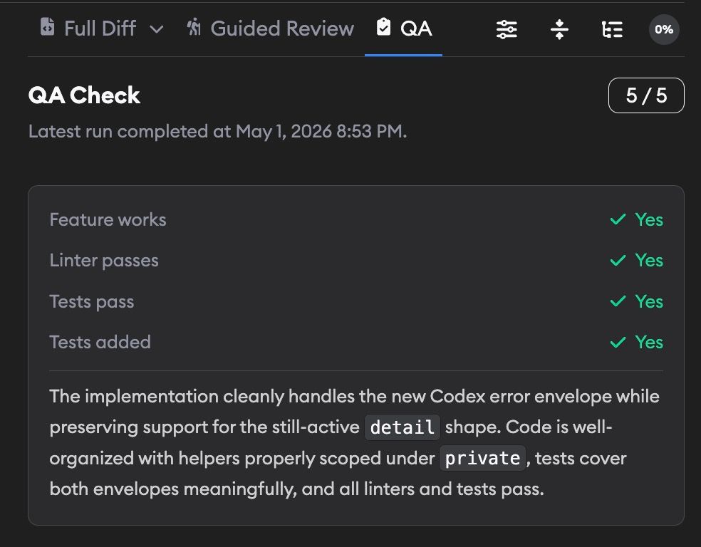 QA Checks showing a completed QA check with a 5 out of 5 score and passing feature, linter, and test checks