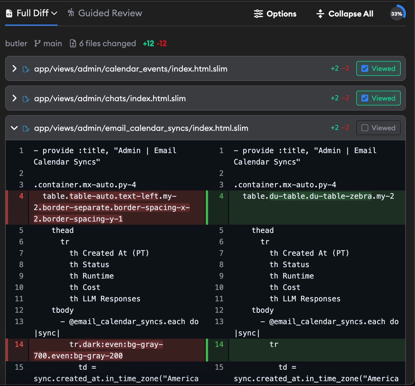 Raw diff view showing Full Diff dropdown, file statistics, and diff content