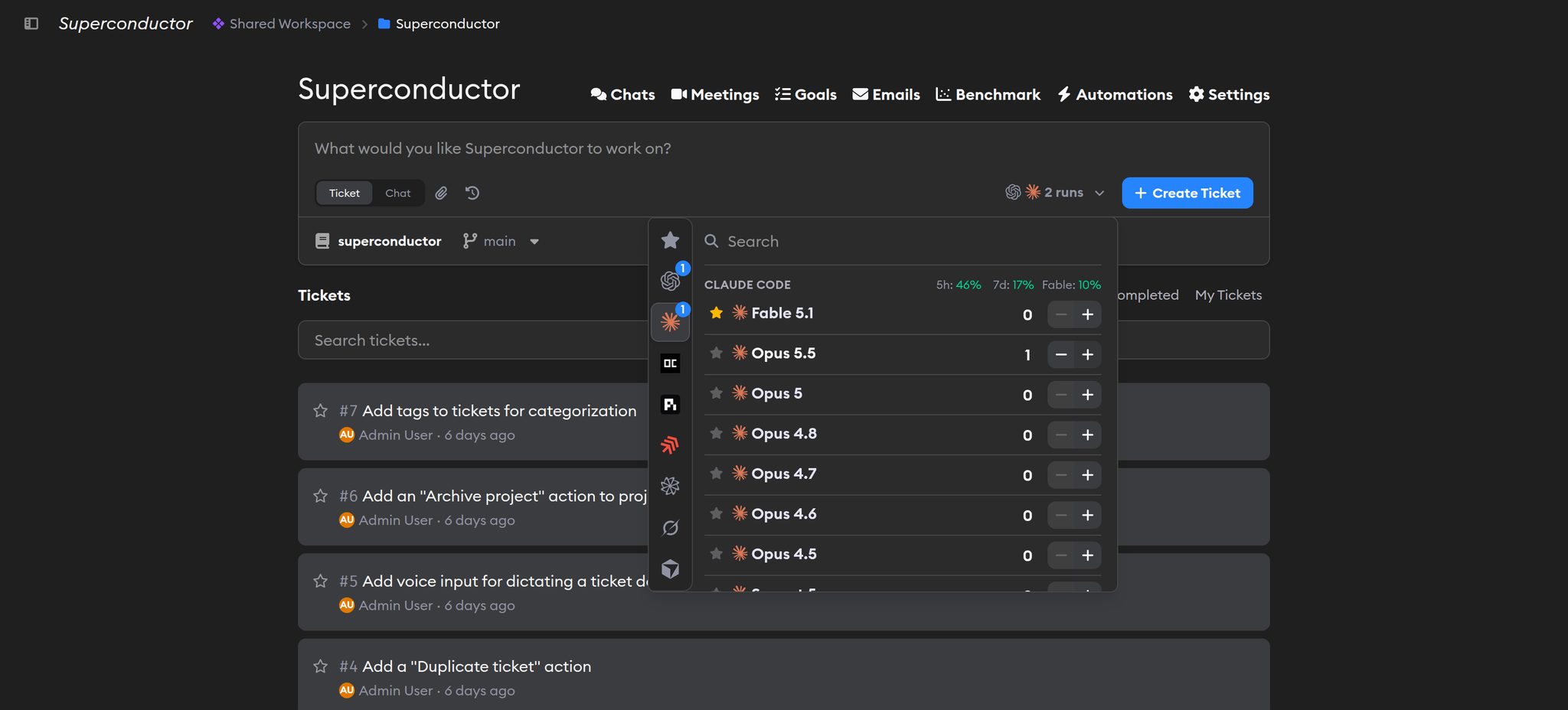 Select Profiles picker open on the ticket form, showing the agent icons with run-count badges, a starred profile, usage stats, and per-model run steppers
