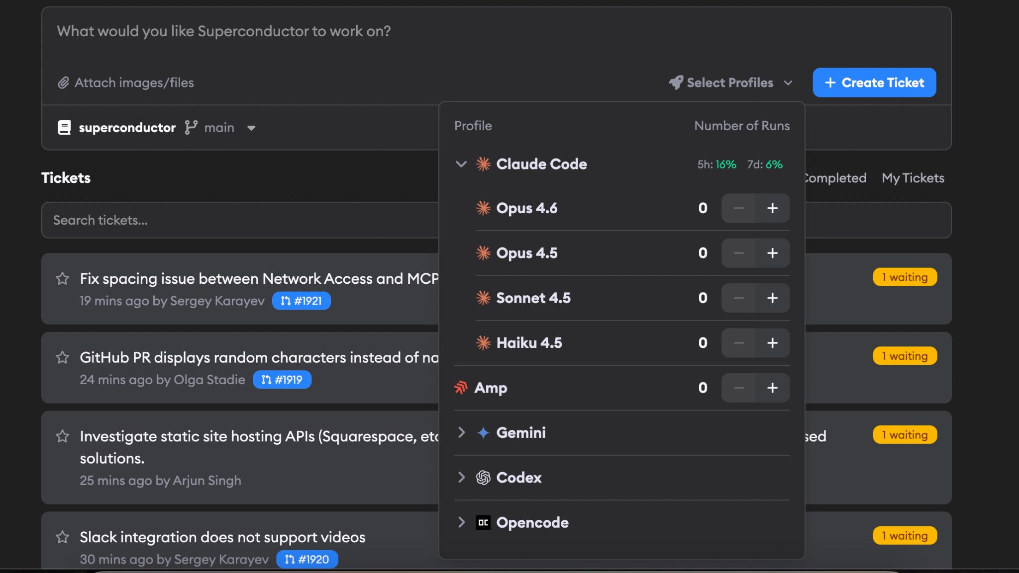 Select Profiles dropdown showing available agents when creating a ticket
