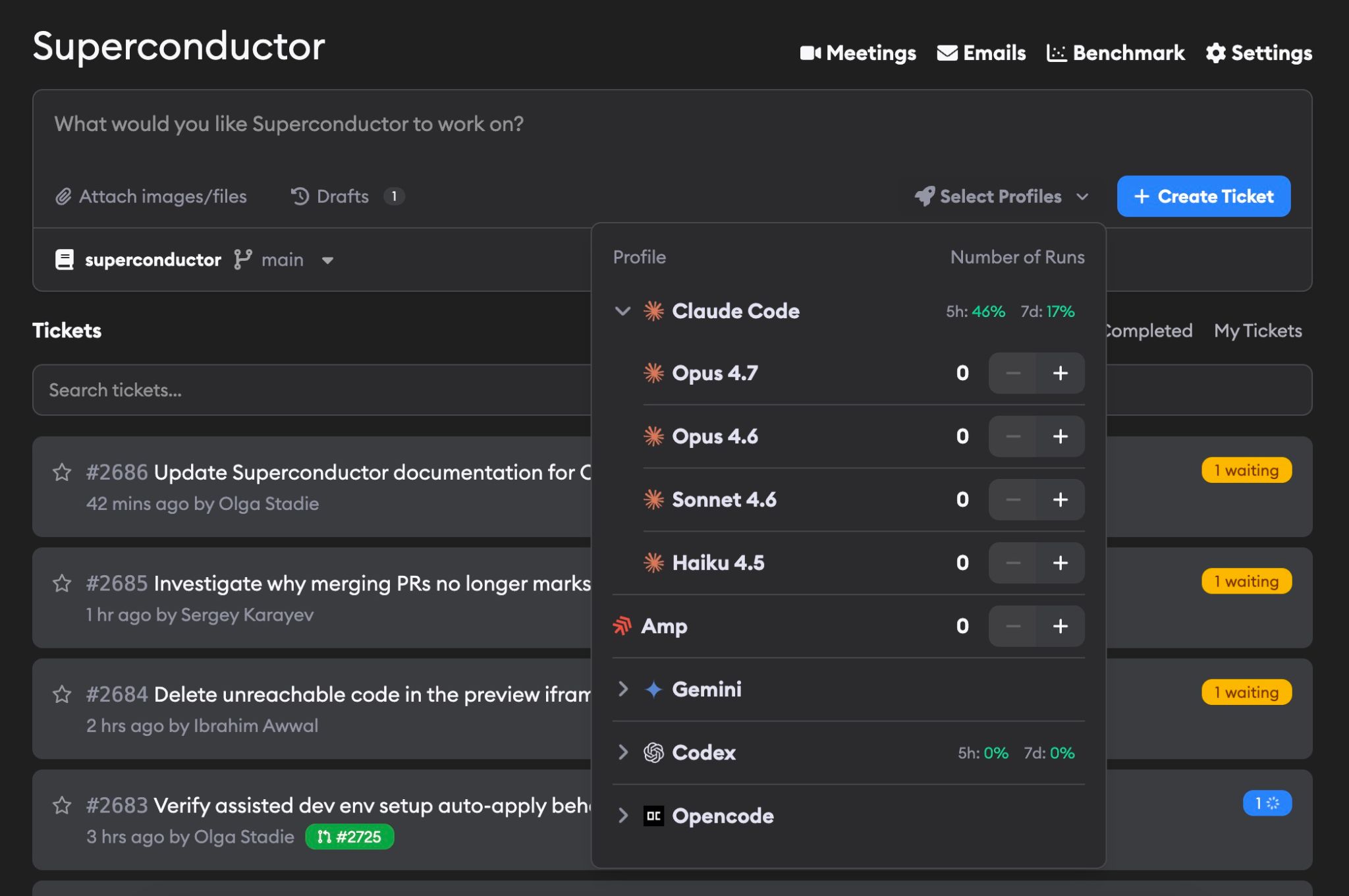 Select Profiles dropdown showing available agents when creating a ticket