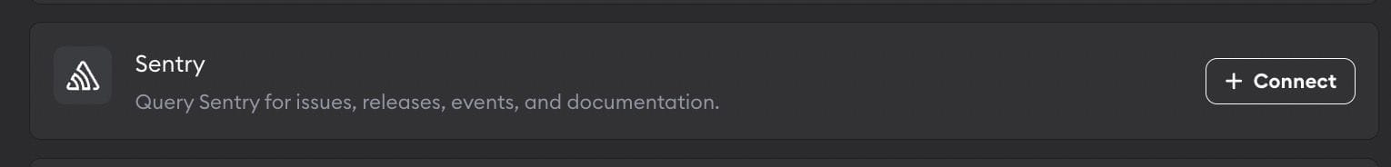 The Sentry connector in Workspace Settings, for issues, releases and events, with a Connect button