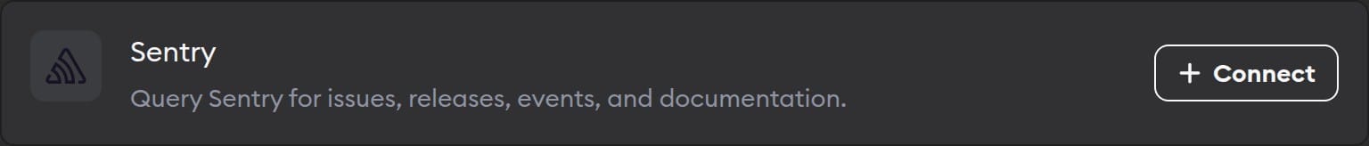 The Sentry connector in Workspace Settings, for issues, releases and events, with a Connect button
