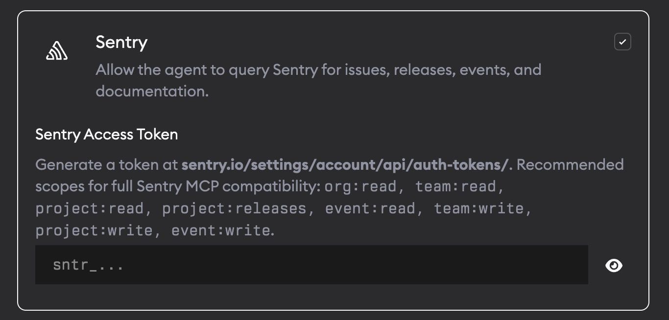 Sentry MCP settings card with the access token field
