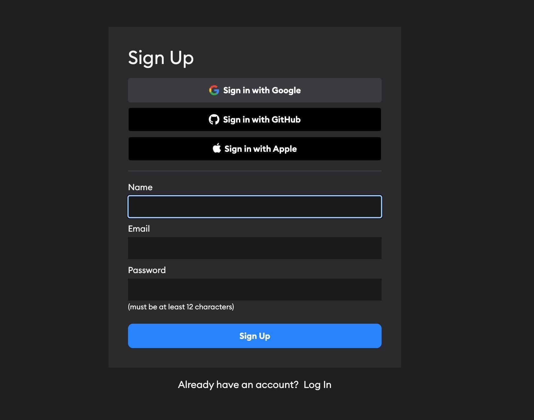 Sign up form with OAuth options for Google, GitHub, and Apple